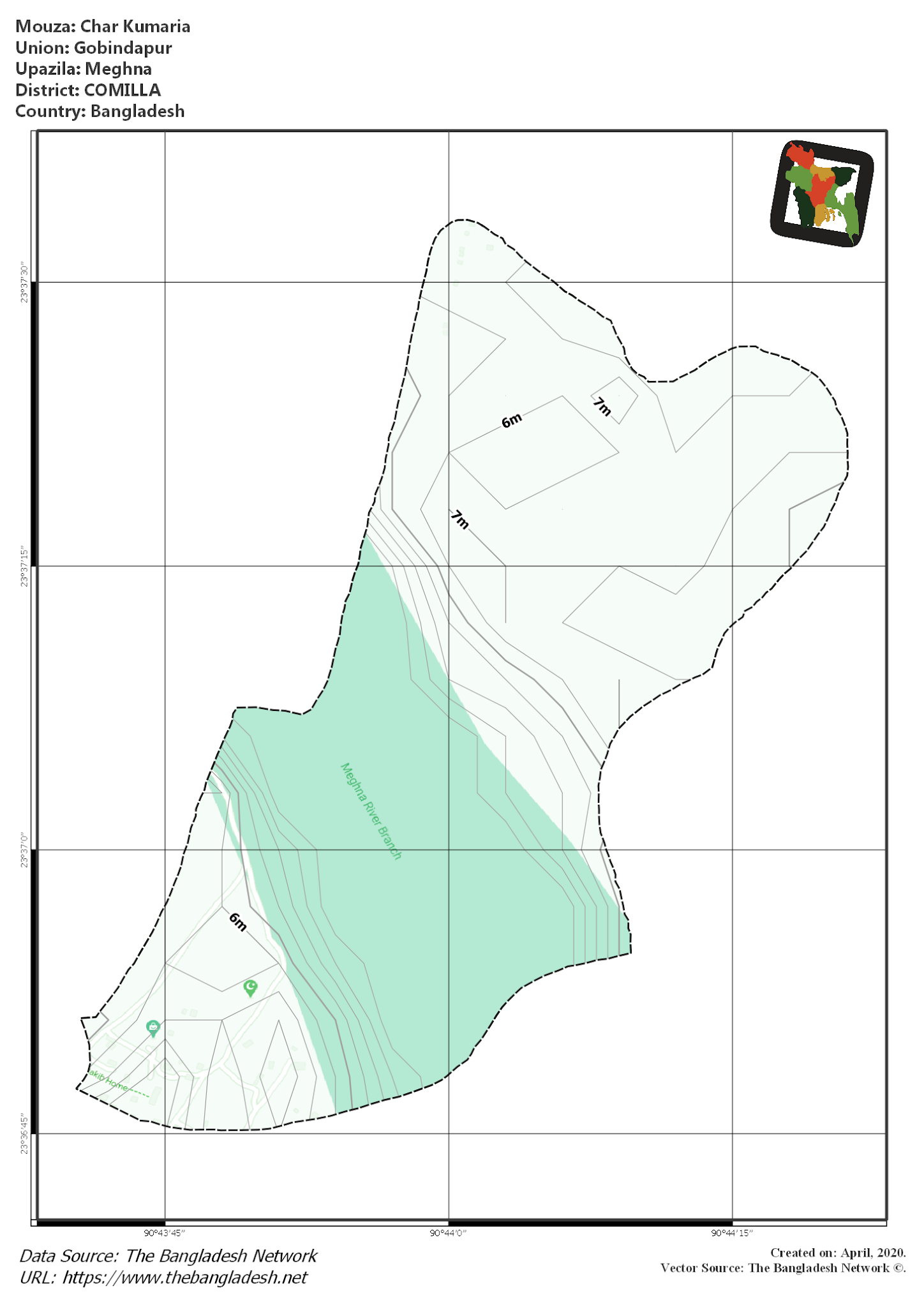 Map of Char Kumaria Mouza of Meghna Upazila, COMILLA, Bangladesh.