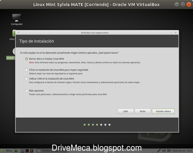 Definimos el particionado de disco para Linux Mint