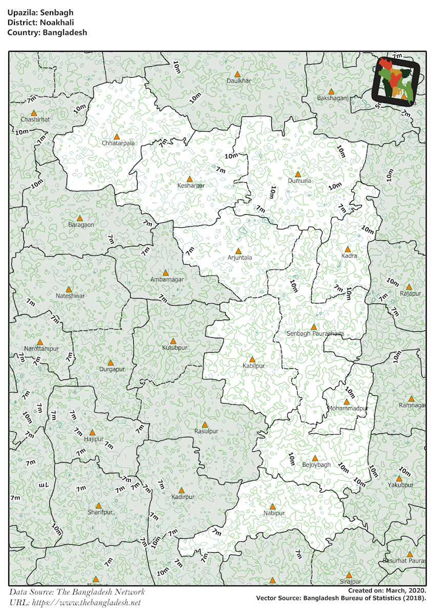 Senbagh Upazila Elevation Map Noakhali District Bangladesh