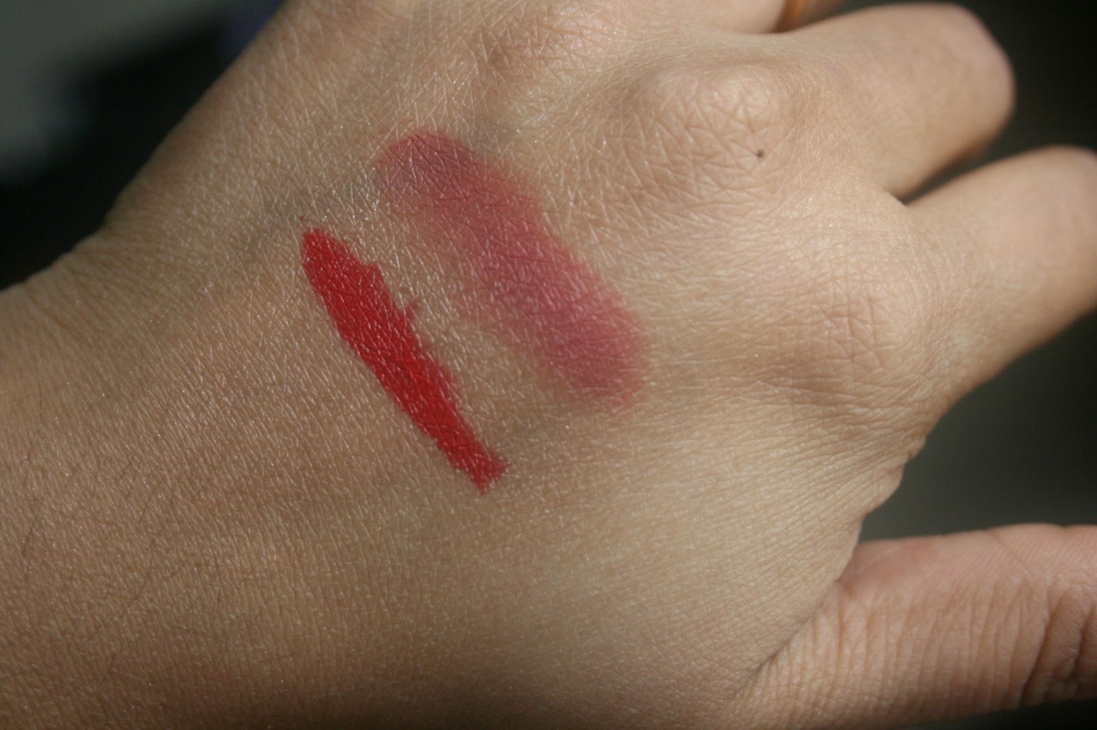 Stowaway Cosmetics Creme Lipstick in Scarlet and Cheek and Lip Rouge in Burnt Rose Swatches