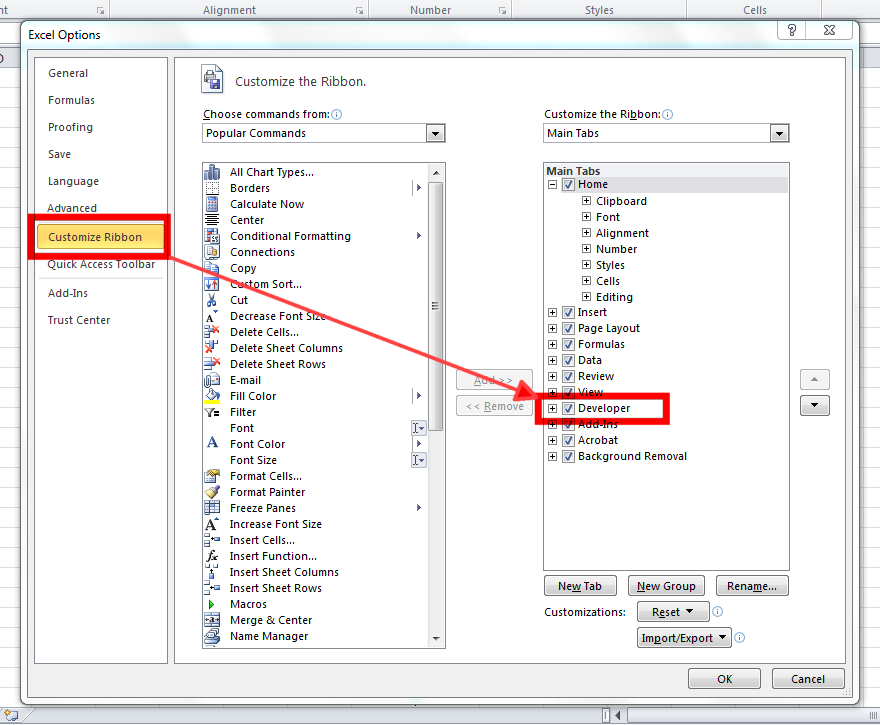 how to display developer tab in excel 2010