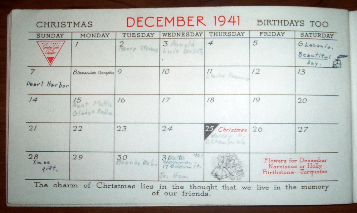 Pearl Harbor attack noted in 1941 bookstore calendar