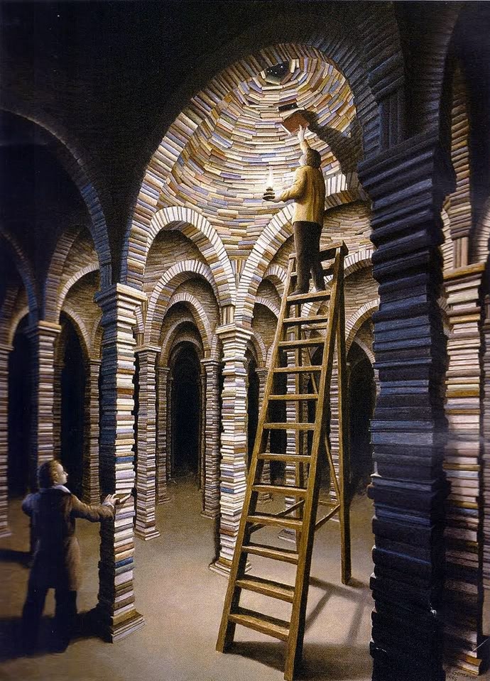 04-The-Library-Rob-Gonsalves-Paintings-that-Reveal-Optical-Illusions-www-designstack-co
