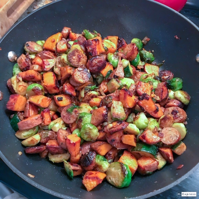 Sweet Potato, Apple Chicken Sausage, and Brussels Sprout Hash