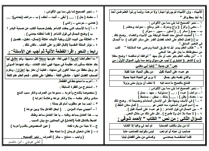 نموذج امتحان اللغة العربية للصف الثالث الاعدادى الترم الأول 2024 أ. ابن عاصم 10
