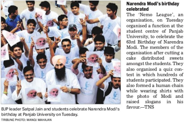 BJP leader Satya Pal Jain and students celebrate Narendra Modi's birthday at Panjab University on Tuesday.