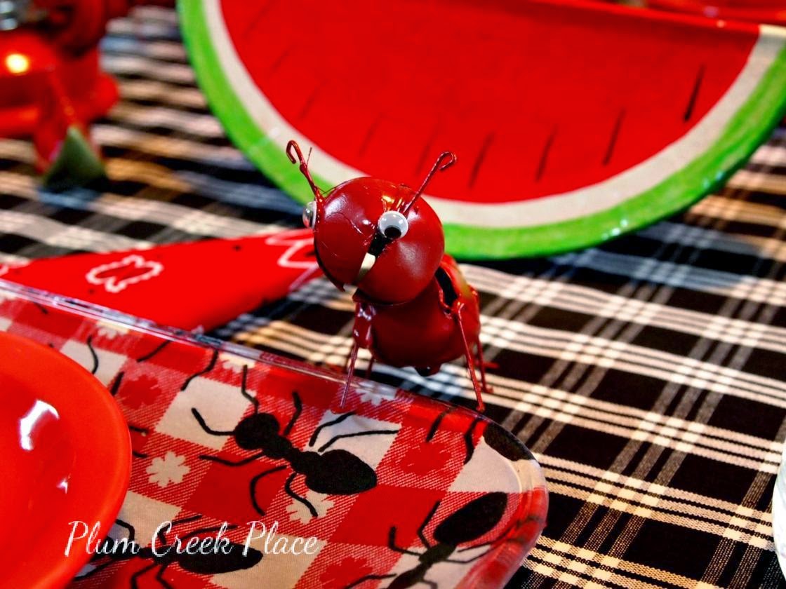 Jingle bell ants, summer picknic table setting, gingham checks 
