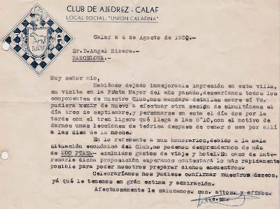 Carta del Club Ajedrez Calaf en 1950