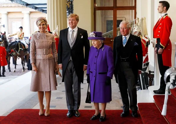 Queen Elizabeth II, Prince Charles and Camilla, Duchess of Cornwall. state banquet at Buckingham Palace. Maxima wore a new jacket by Claes Iversen