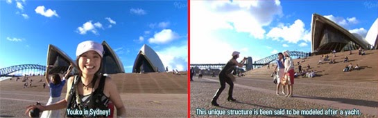 Misaki takes turns being filmed and then filming Wakamura and Sekiyama in front of the Sydney Opera House.