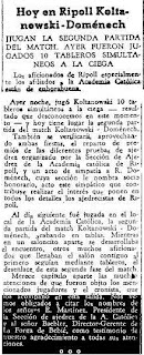 Recortes de Prensa de La Vanguardia sobre el Match Doménech-Koltanowski, 1948