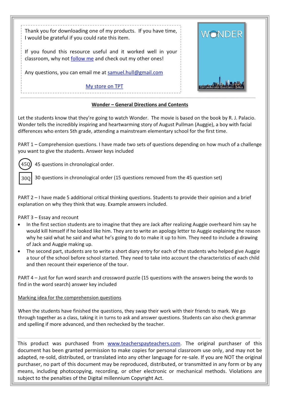 Wonder Movie Guide + Activities - Answer Keys Included ~ Movie Guides