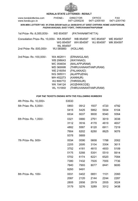 Kerala lottery result of Win Win (W-378) part 01 Official Kerala lottery result of Win Win (W-378) dated 26 September 2016