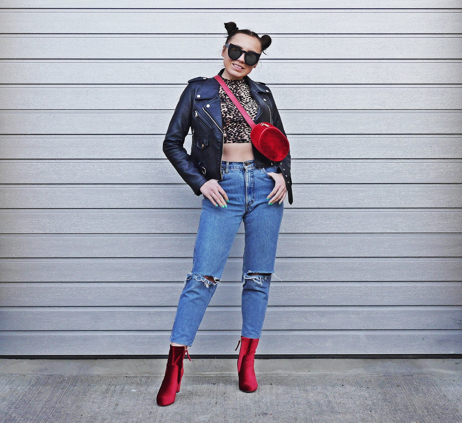 red socks boots denim pants crp top black biker jacket karyn fashion blogger
