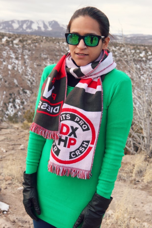 Green Sweater. J Brand Jeggings, Ecco Boots, Diesel Scarf, Tanvii.com