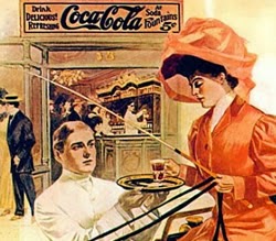 Propaganda da Coca-Cola em 1906 com uma elegante dama sendo servida por um garçom