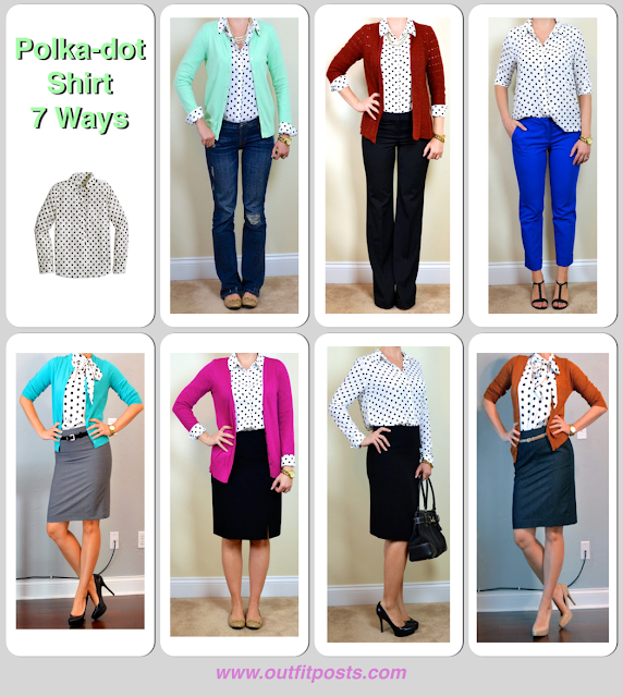 outfit post: polka-dot blouse, mint cardigan, black pencil skirt, black ...