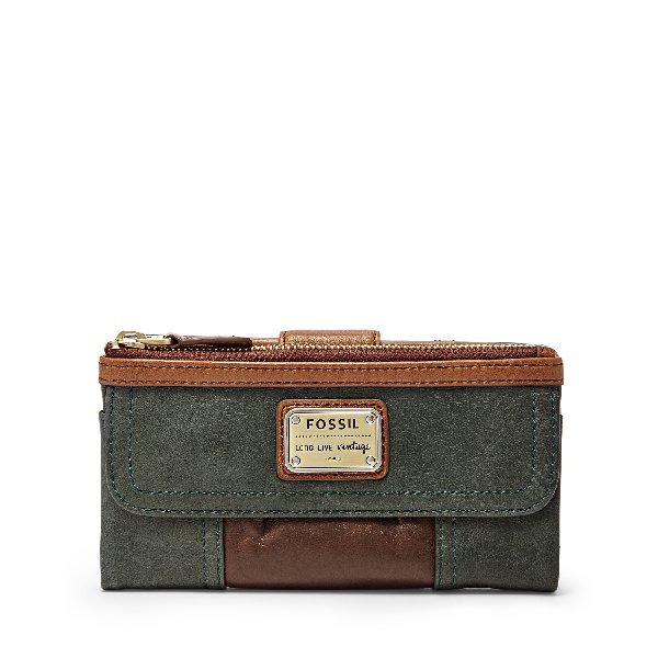 USA Boutique: Fossil Emory Leather Clutch Wallet - Green Multi