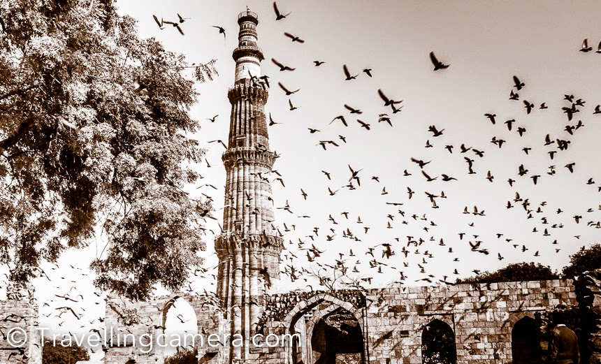 Qutub Minar is one of the most popular heritage compounds in Delhi and quite popular destination amongst tourists visiting Delhi. It's also a good places for local folks to spend quality time with their family & friends. Many times photographers and heritage explorers can be seen around Qutub Minar campus. This Photo Journey shares some of the special photographs from Qutub Minar campus. Reaching Qutub Minar has become pretty easy now. One can take Metro to Qutub Minar. The Qutub Minar Metro station is not close to the compound, but there are autos which drop folks from Metro to Qutub Minar and charge 10 rs each. If you don’t want to share the auto, most of the folks use meters and that’s reliable. It will not cost more than 30 Rs.Other good to way explore these beautiful monuments in Delhi are HOHO buses run by Delhi Tourism department. You can buy a daily pass and hop on/off to/from these buses at defined stations, which are usually very well located around the most popular tourist destinations in Delhi.Booking a Taxi to go to Qutub Minar from Central Delhi, East Delhi or Noida might be a bad idea because of slow traffic movement. I had gone through such experience twice and now try to use Metro, if possible.After Red Fort, Qutub Minar is most visited monuments in Delhi and one should expect lot of people inside Qutub Minar compound, even on weekdays. Apart from the main minaret, there are various architectural structures in this compound  having different stories associated. There are no guides around Qutub Minar now, but you can get an audio device on rent which will keep telling you about the place. Easy to use device and have good details about various spots in Qutub Minar campus.As you walk around this huge compound, you get to see spectacular beauty of the Qutub Minar from different angles. Above photograph shows one of the views of Qutub Minar through the other structures around.It's a wonderful place for photographers because of diversified opportunities to click architecture, people, landscapes and lot more. I have been part of various photo-walks here and every time it was different experience.Tourists from different parts of the world come to Qutub Minar to witness it's grandness and know about it's history. It's really strange that we don't care much to know our own history, but things have been changing for good. There are lot of social circles which inspire folks to visit such places and know more about our heritage. Mehrauli Archeological park  is another interesting place around Qutub Minar.  It's awesome to see these airplanes crossing through Qutub Minar. Although there is a huge different between the top most peak of Qutub and the flight, but such views look dramatic.Qutub is the 2nd tallest minar (73 metres) in India after Fateh Burj. Qutb Minar originally is a UNESCO World Heritage Site which is made of red sandstone and marble. The stairs of the tower has 379 steps, is 72.5 metres high, and has a base diameter of 14.3 metres, which narrows to 2.7 metres at the top. Construction was started in 1192 by Qutb-ud-din Aibakand was carried on by his successor, Iltutmish. Check out more about Qutub on Wikipedia  His expressions explain it all about the height and grandness of Qutub Minar.