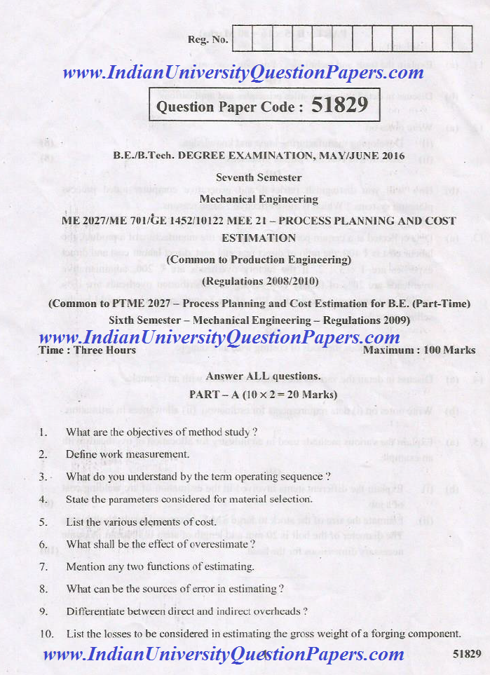 ME2027 Process Planning and Cost Estimation May June 2016 Question