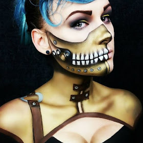 Steampunk special fx makeup with gold robot skeleton for men and women.