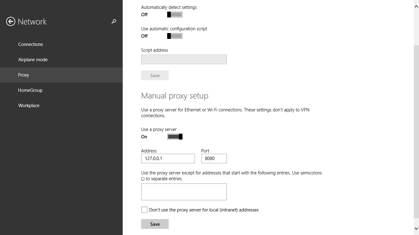 Windows 8.1 proxy settings for simple server