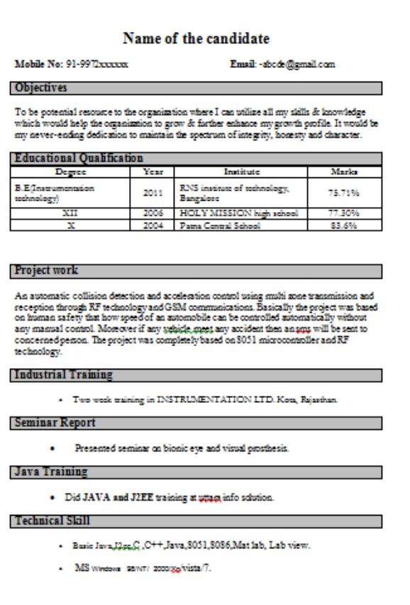 Resume for campus interview format