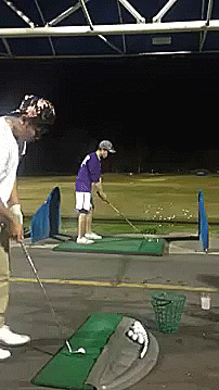 Two boys tandem golfing at the driving range. Hole in one. marchmatron.com