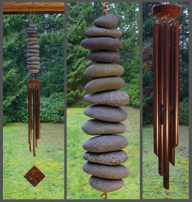 Natural Pacific ocean beach stone and copper wind chime