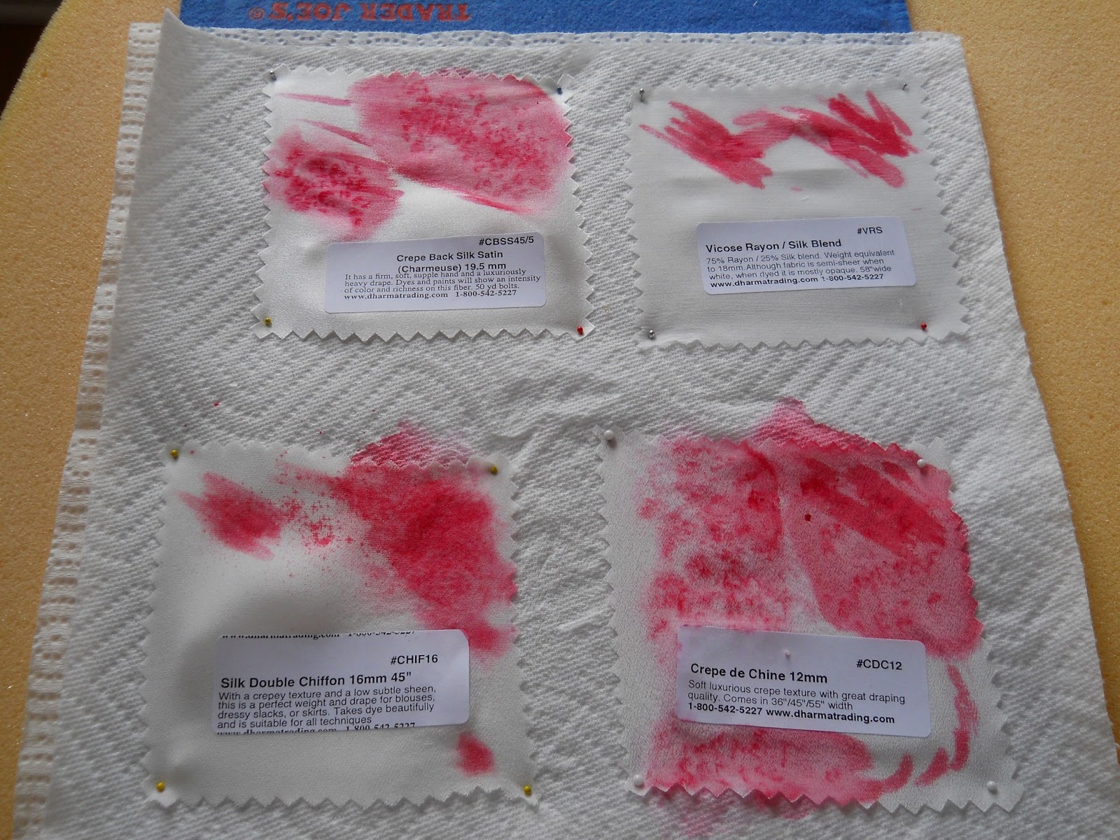 Spit & Vinegar Silk fabric samples for dye experiments