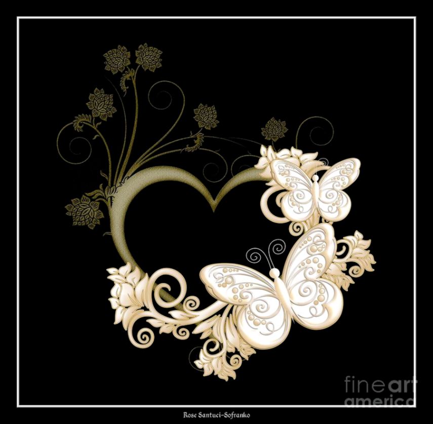 Heart With Butterflies And Flowers On Black Digital Art by Rose