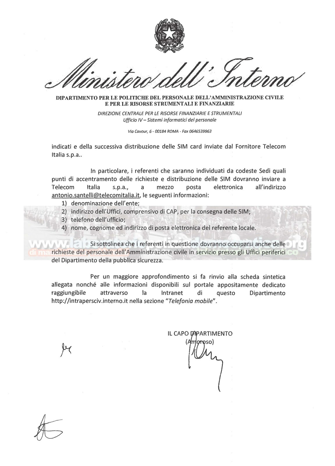 Lpd Ministero Dell Interno Telefonia Mobile Ai Dipendenti Dell Amministrazione Civile Dell Interno Fornitura Del Servizio Da Parte Di Telecom Italia S P A Modalita Operative