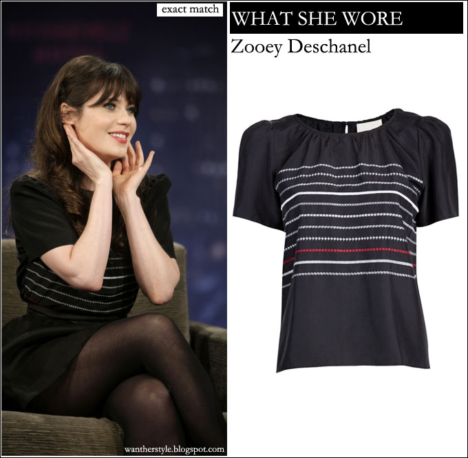 WHAT SHE WORE: Zooey Deschanel in black stripe short sleeve silk blouse
