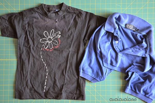 Embellishing tutorial by Cucicucicoo: How to cover up ugly graphics, logos or stains with slashed t-shirt reverse applique
