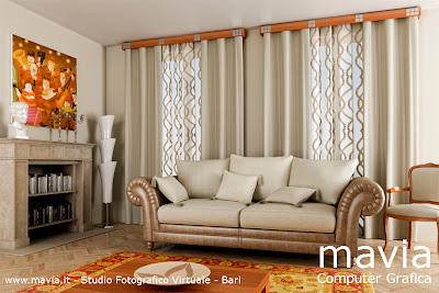 Living room 3d Interior design 3d Bari,soggiorno con caminetto in marmo,divano e tende moderne, architettura di interni 3d