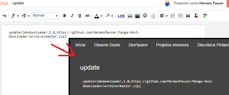 Code in blog image: updater[mhdownloader,1.0,https://github.com/HermesPasser/Manga-Host-Downloader/archive/master.zip]