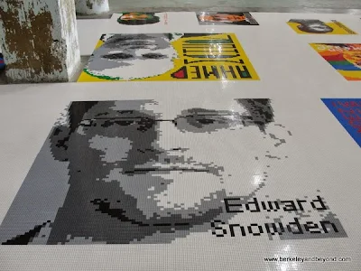 closeup of Edward Snowden portrait in Trace Lego work at Ai Weiwei exhibit at Alacatraz in San Francisco