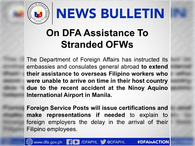 Thousands of overseas Filipino workers (OFW) and other passengers had been stranded at the Ninoy Aquino International Airport (NAIA) due to the excursion of a Xiamen Air which slipped off and got stuck at the runway and last week. Luckily, all passengers and crews were safely evacuated. However, the incident affects all the passengers at the NAIA because the said incident forced all other airlines to cancel their flights. The result, thousands of travelers were stranded for days without food and a decent place to stay.        Advertisement  The plane was already out of the runway but the passengers including thousands of OFWs who were about to return to their workplace were still staying there like evacuees lingering all over the airport without any clear assurance that their flights may be rebooked or refunded. They were not given any food or hotel accommodations by their airlines.      Under the passenger Bill Of Rights, in case of flight cancellation, the airline must provide the passengers with sufficient refreshments and meals, hotel accommodations, free call/text and internet service, transportation from the airport to the hotel, and first aid if necessary. The airline company also has to rebook the flight or endorse the passenger to another airline company at no extra cost. If the passenger decides not to fly anymore, the airline company should reimburse the airfare including taxes and surcharges.    Ads  As of this writing, none of these benefits was given to any stranded passengers. The OFWs already missed the designated date when they supposed to be reporting for work. Some of them has chosen to go home instead of staying at the crowded NAIA.     The two pilots of Xiamen Air appeared at the CAAP investigation and explained that the plane did not land successfully on their first approach on the runway due to poor vision in midst of severe rainfall. On their second approach, they made it to the left side of the landing area but it slipped off the concrete runway. The plane has lost its landing front landing gear and one of its engines. MIAA said that the two pilots, which the names were not revealed, were both experts. They drug test also turned out negative while the results of their alcohol test s yet to be released.   Xiamen Air also issued apologies to the affected passenger and promised to extend any possible assistance they could give.    Ads     The Department of Foreign Affairs (DFA) has already instructed the embassies and consulates to extend their assistance to OFWs who had been caught by the incident and were not able to arrive on time to their host country.  Filed under  overseas Filipino workers, Ninoy Aquino International Airport, Xiamen Air,   stranded, travelers, OFW,      Read More: