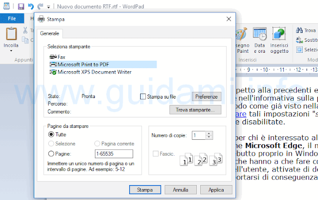 Microsoft Print to PDF opzione stampa Windows 10