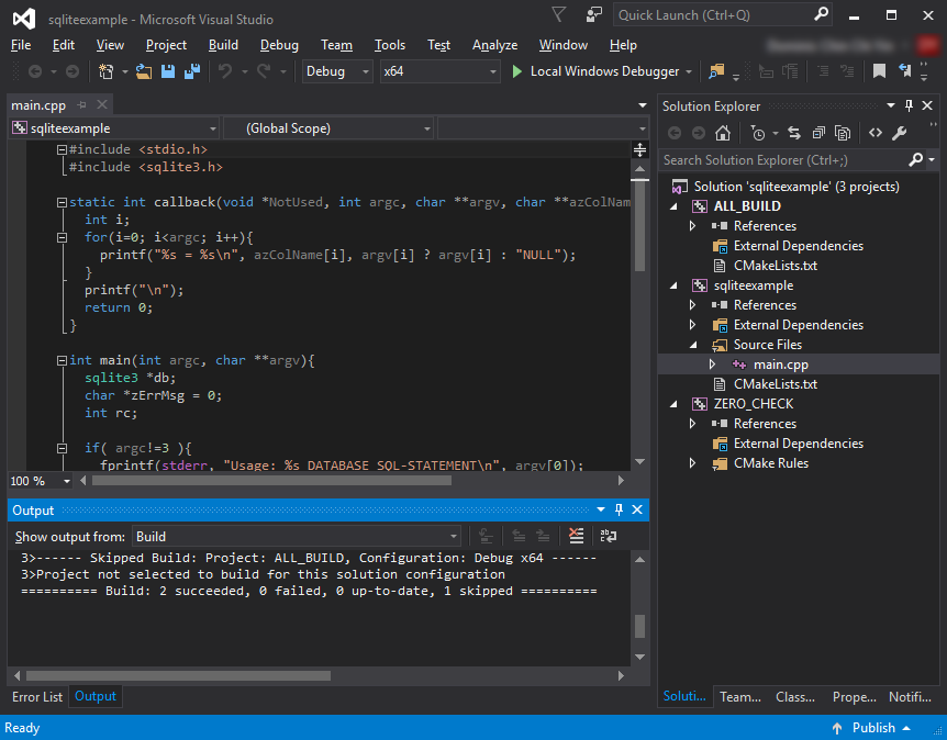 dominoc925: Use CMake to develop an SQLite Visual Studio C++ application