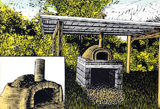 Linocut: The pizza oven
