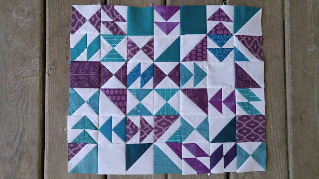mini purple and teal chaos quilt turned into a puzzle