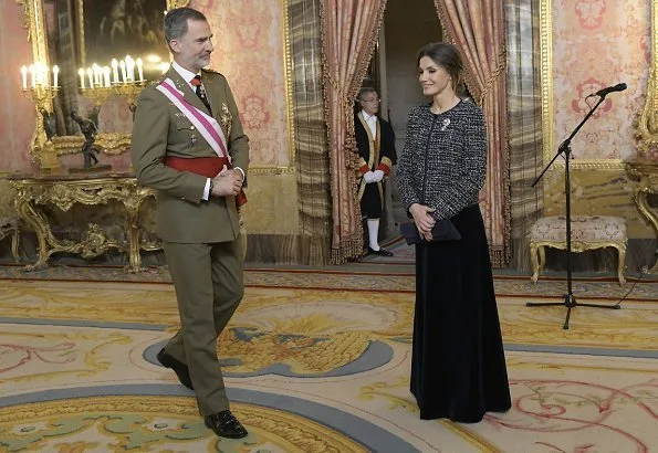 King Felipe and Queen Letizia attended Pascua Militar 2019 celebrations held at Madrid Royal Palace. wear a long dress
