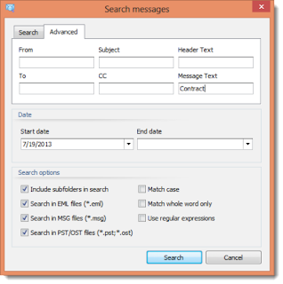 An email reader like Pst Viewer Pro can search email files, including .msg emails. This image shows the advanced search function in PST Viewer Pro software.