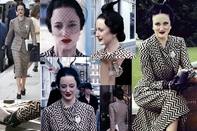 Fabulous Film Fashions W.E.  - Wallis - Beige & Black Zigzag Suit With A Winged Vail Hat 