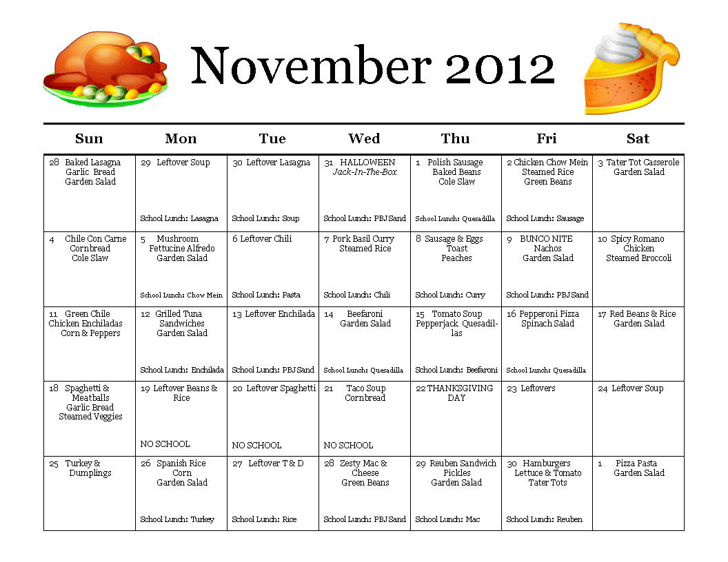 Thrifty Mom In Boise Monthly Meal Planner November