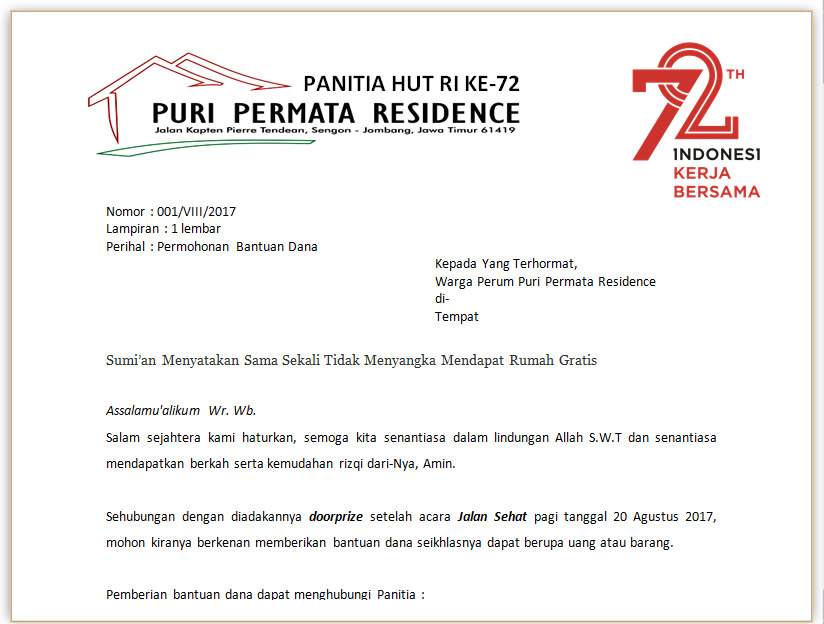 Surat Permohonan Bantuan Dana Puri Permata Residence