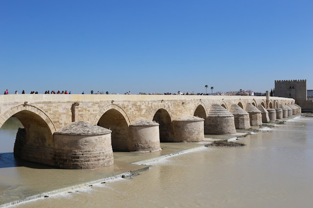 Puente romano antiguo en buen estado de conservación, con el río a sus pies y el cielo azul de fondo.