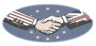 Stock image of a handshake in front of a blue background with European Union stars on it. The arm for the left hand has a sleeve with an American flag printed on it, and the arm for the right hand has a sleeve with the Union Jack printed on it.