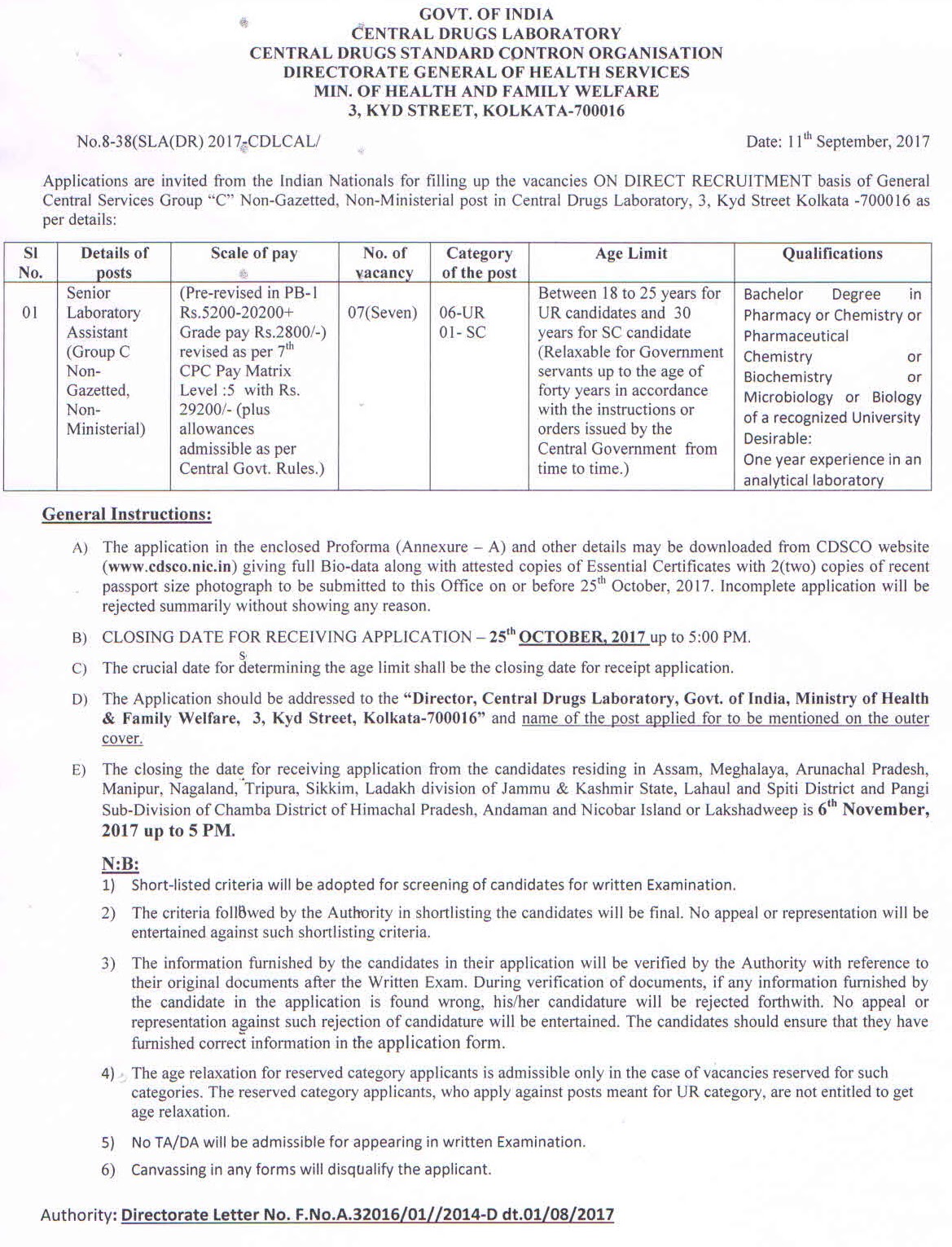 CDSCO Kolkata Lab Assistant Job Openings